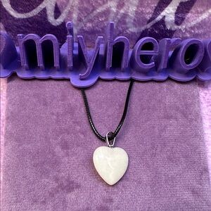 Cream Polished Stone Crystal Heart Pendant with Faux Leather Necklace